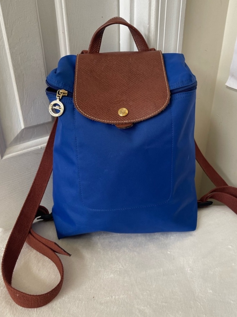 Longchamp Blue and Brown Le Pliage Backpack